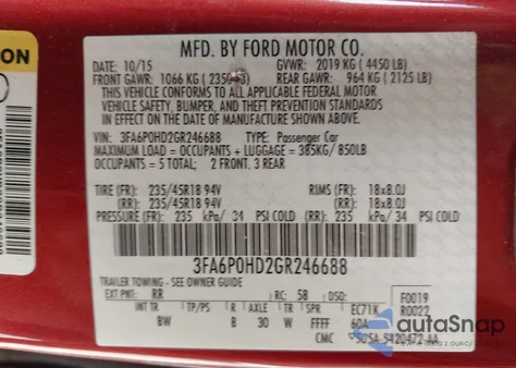 2016 Ford Fusion Se из США, поврежденный, VIN 3FA6P0HD2GR246688